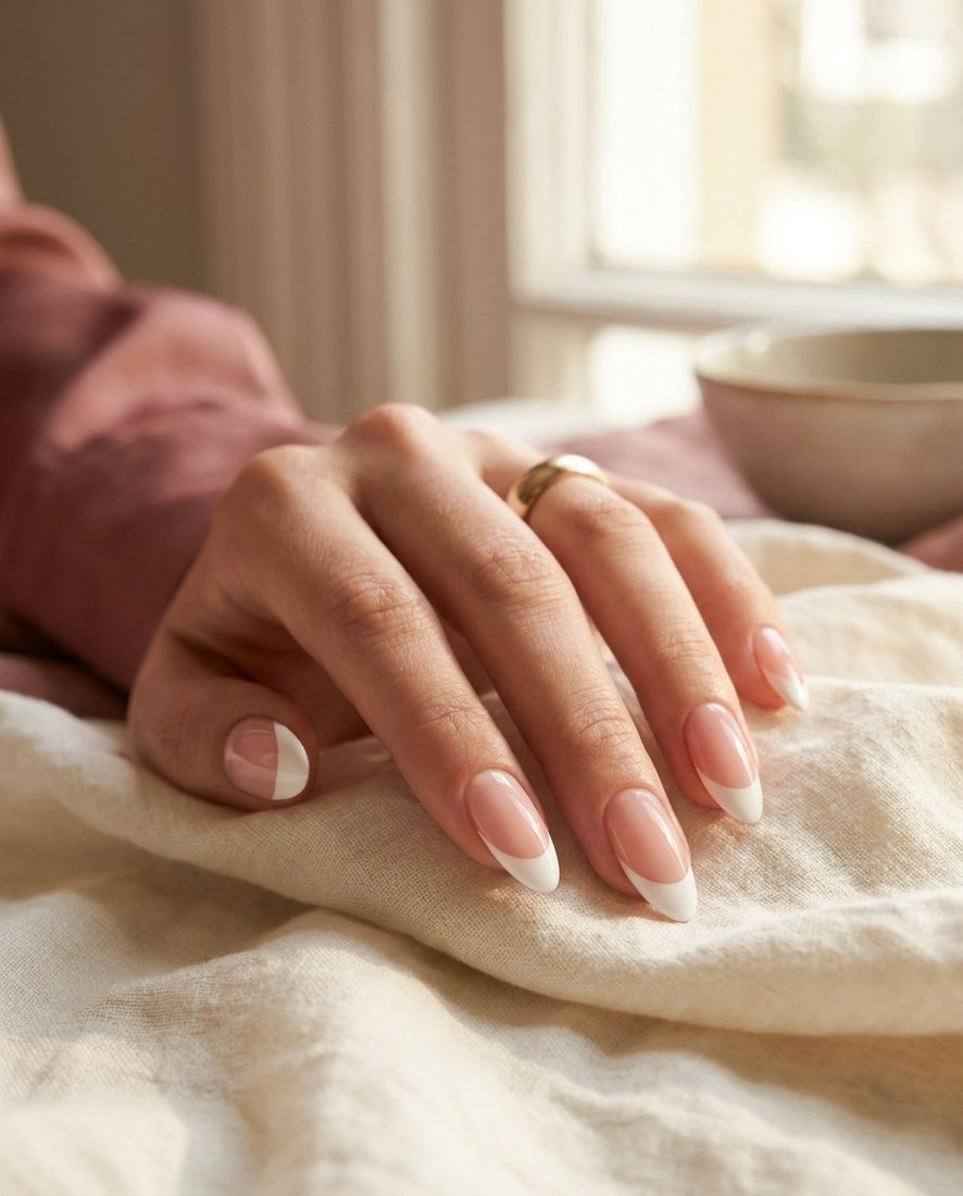 Klassieke French manicure op amandelvormige nagels