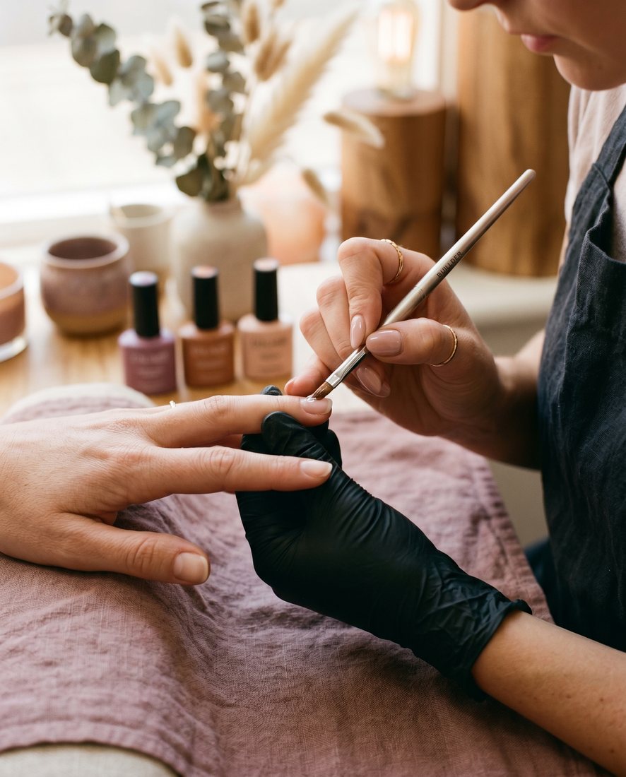 Nagelstyliste brengt BIAB aan met een fijn penseel