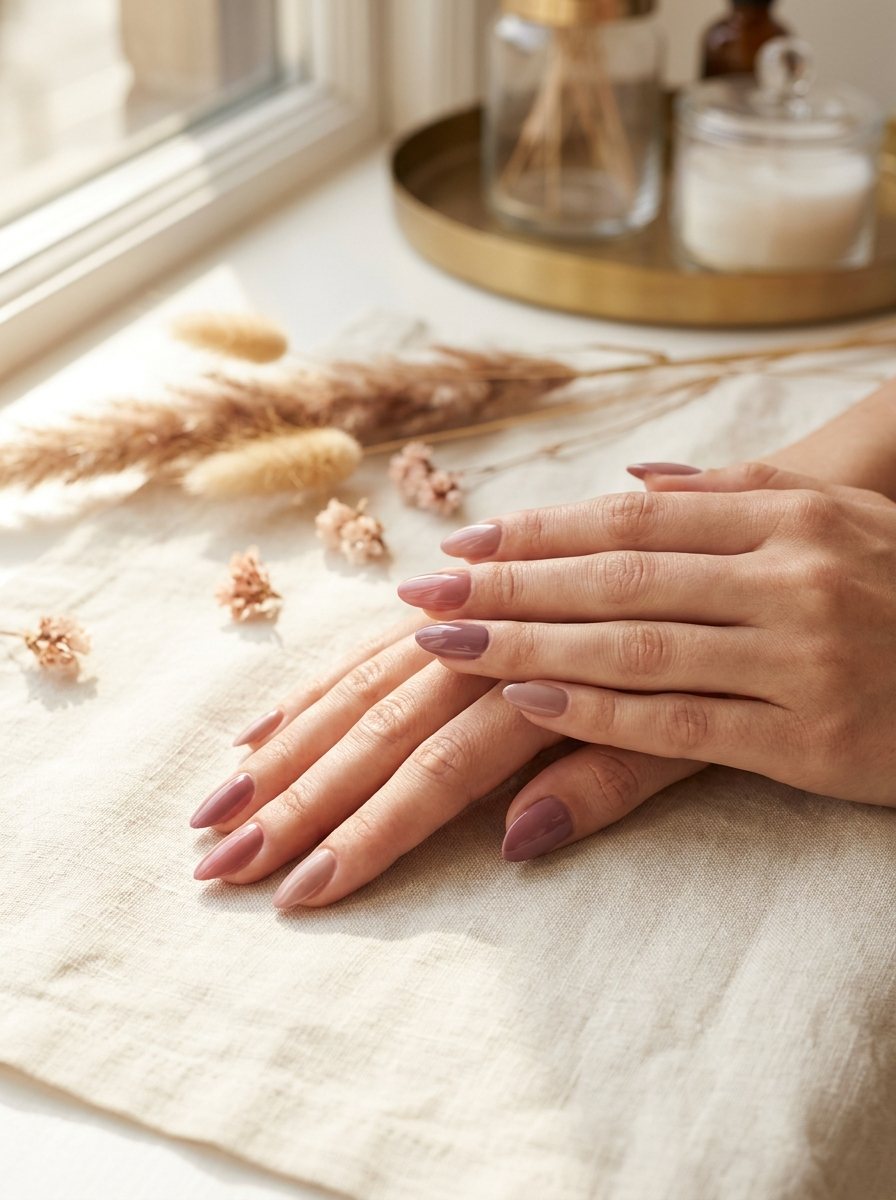 Twee verzorgde handen met een glanzende dusty rose manicure op een linnen ondergrond